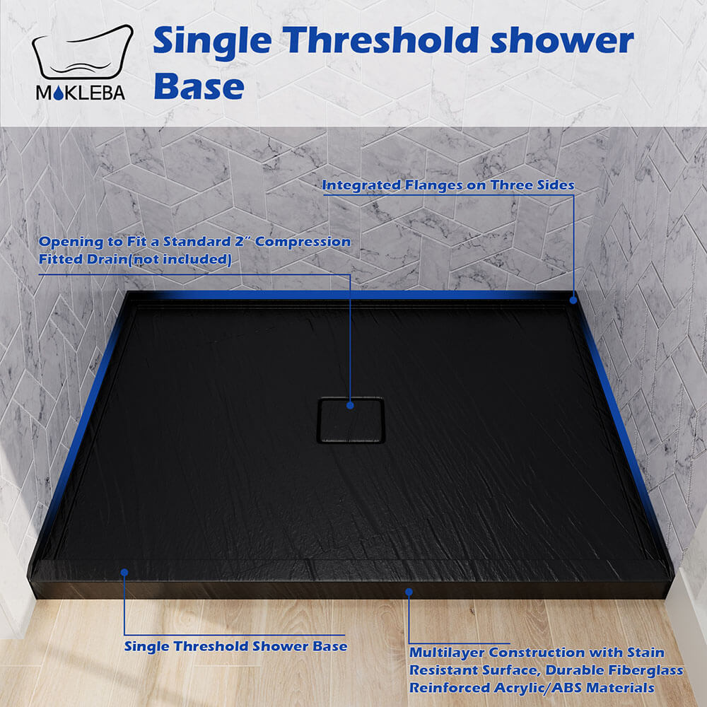 Direct glue-down black shower tray supported by adjustable nylon base feet