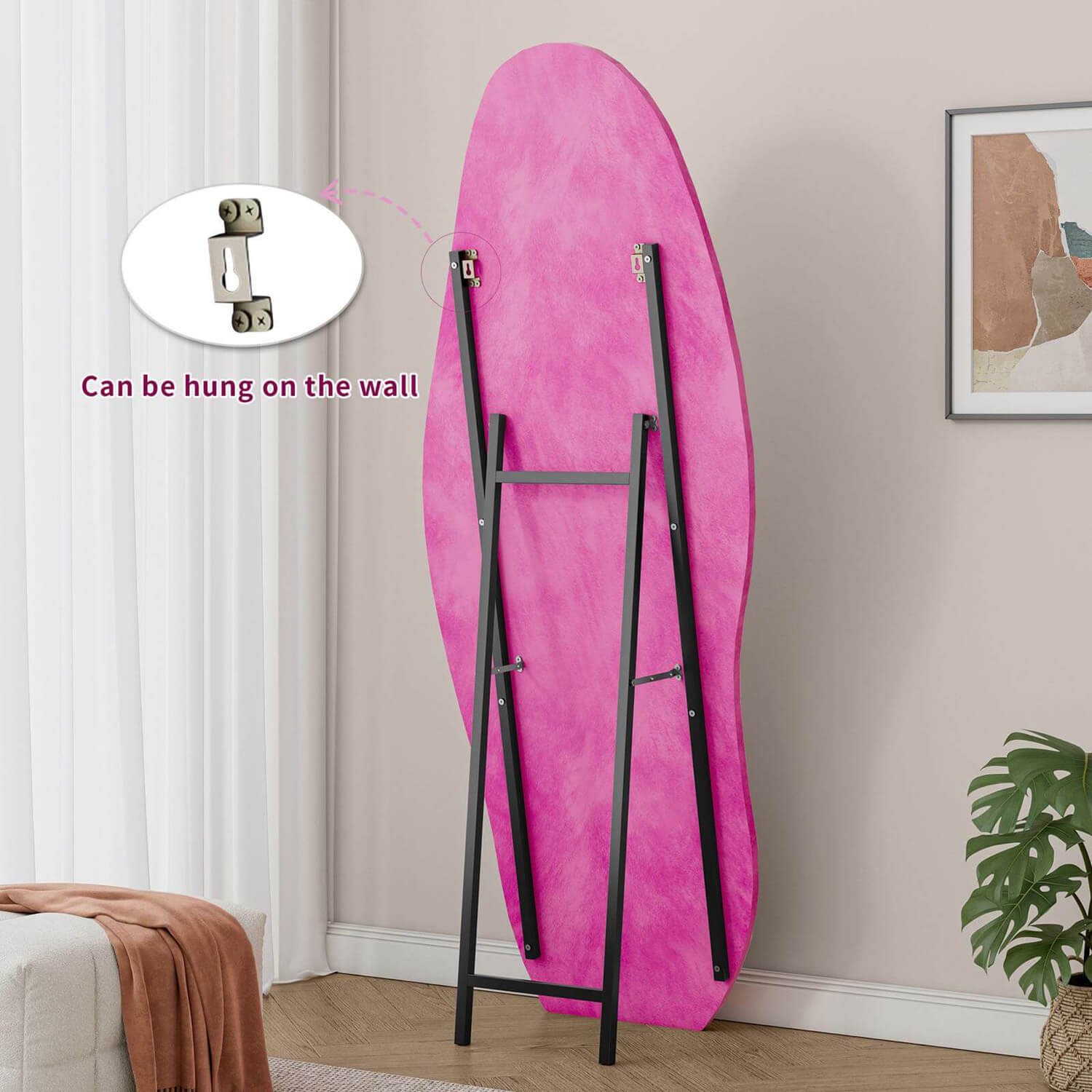 Dopamine pink organic mirror back with wall mount hardware and stand