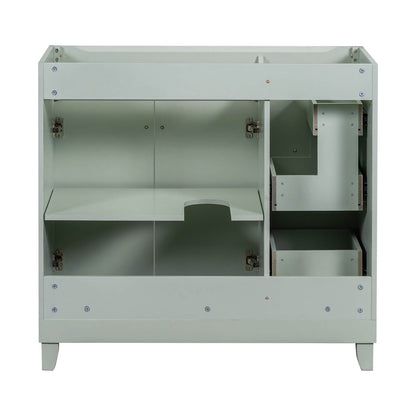 Double-door vanity cabinet with U-shaped cutout for drainage systems