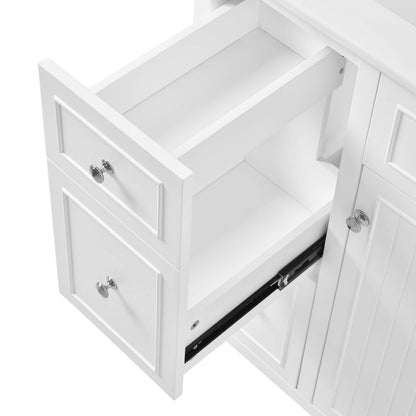 Double drawer detail of 30 white bathroom vanity with 2 left side drawers