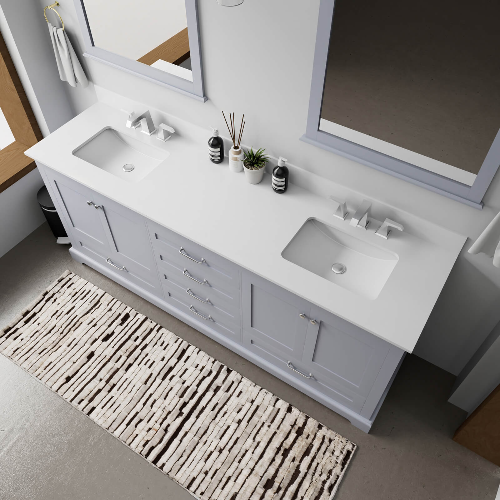 Double sink 80 inch gray vanity with ample storage for family bathrooms