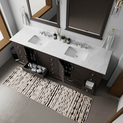 Double sink bathroom vanity in black with Carrara marble countertop
