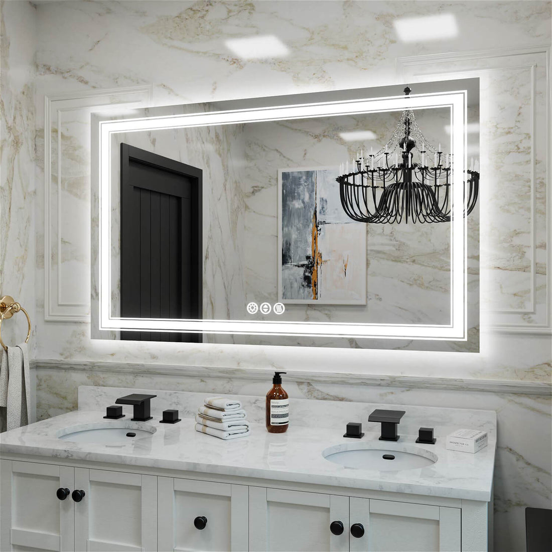 Double sink frameless LED bathroom mirror with dual LED borders and anti-fog defogging