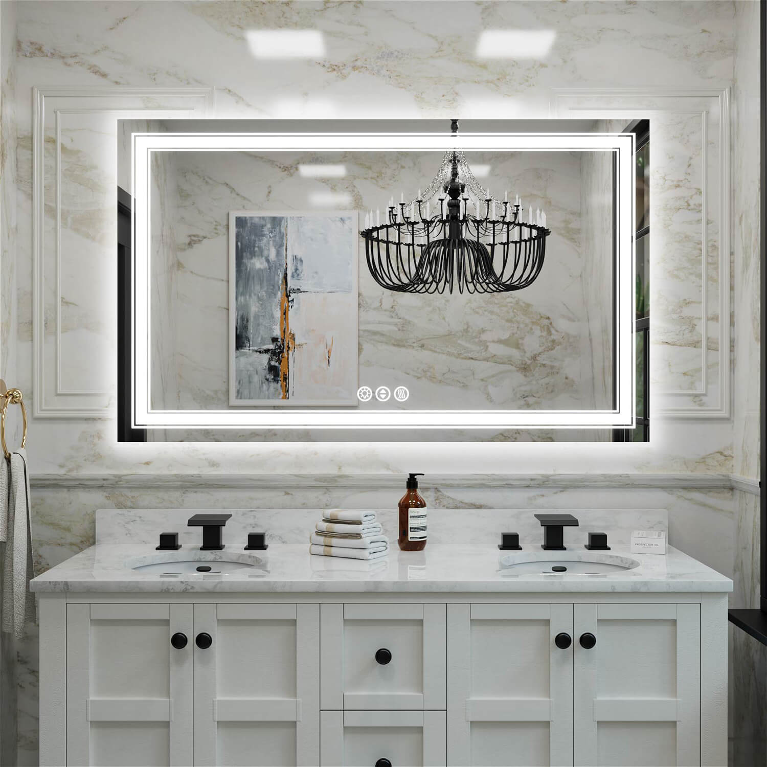 Double sink frameless LED bathroom mirror with dual LED borders and center touch controls