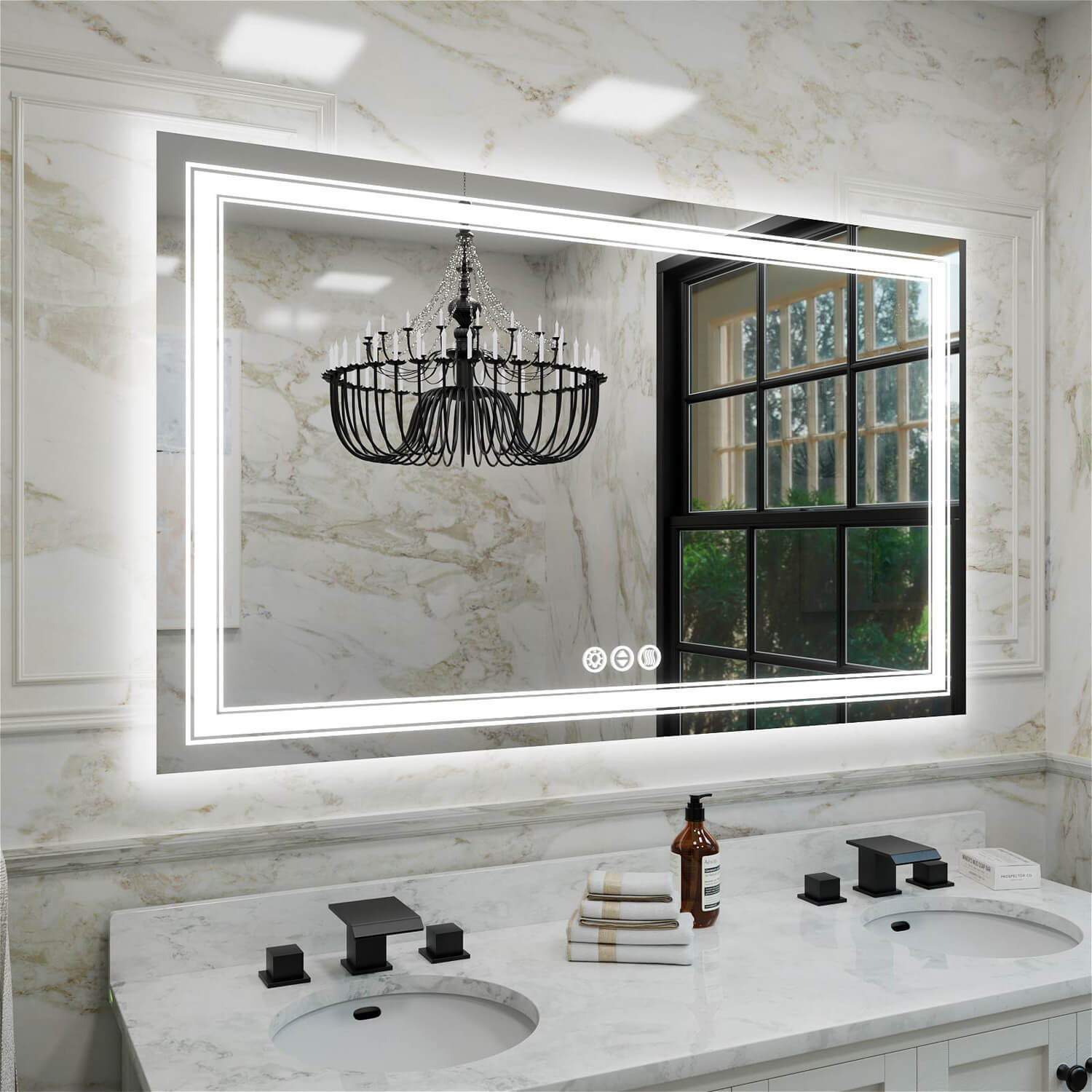 Double sink frameless LED bathroom mirror with dual LED borders and stepless dimming