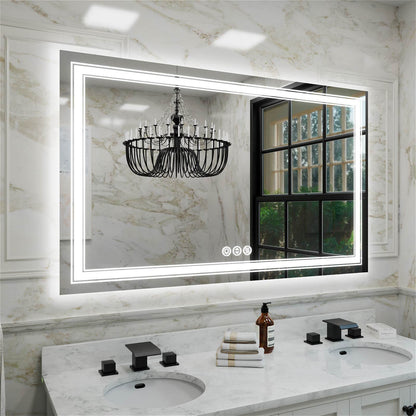 Double sink frameless LED bathroom mirror with dual LED borders and stepless dimming
