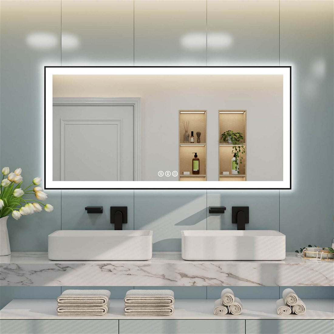 Double sink rectangular LED bathroom mirror with bottom-middle touch controls
