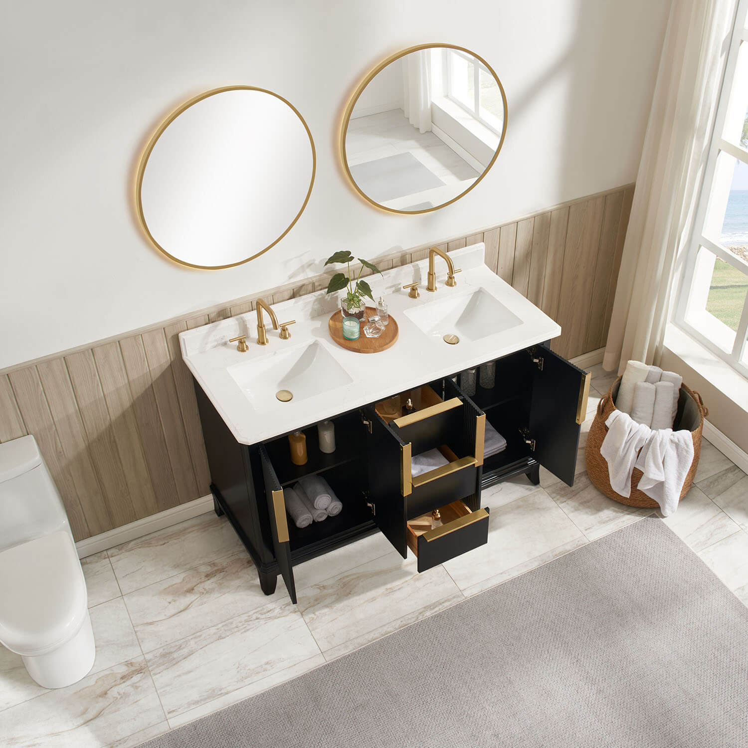 Double white ceramic undermount sinks with engineered stone vanity top