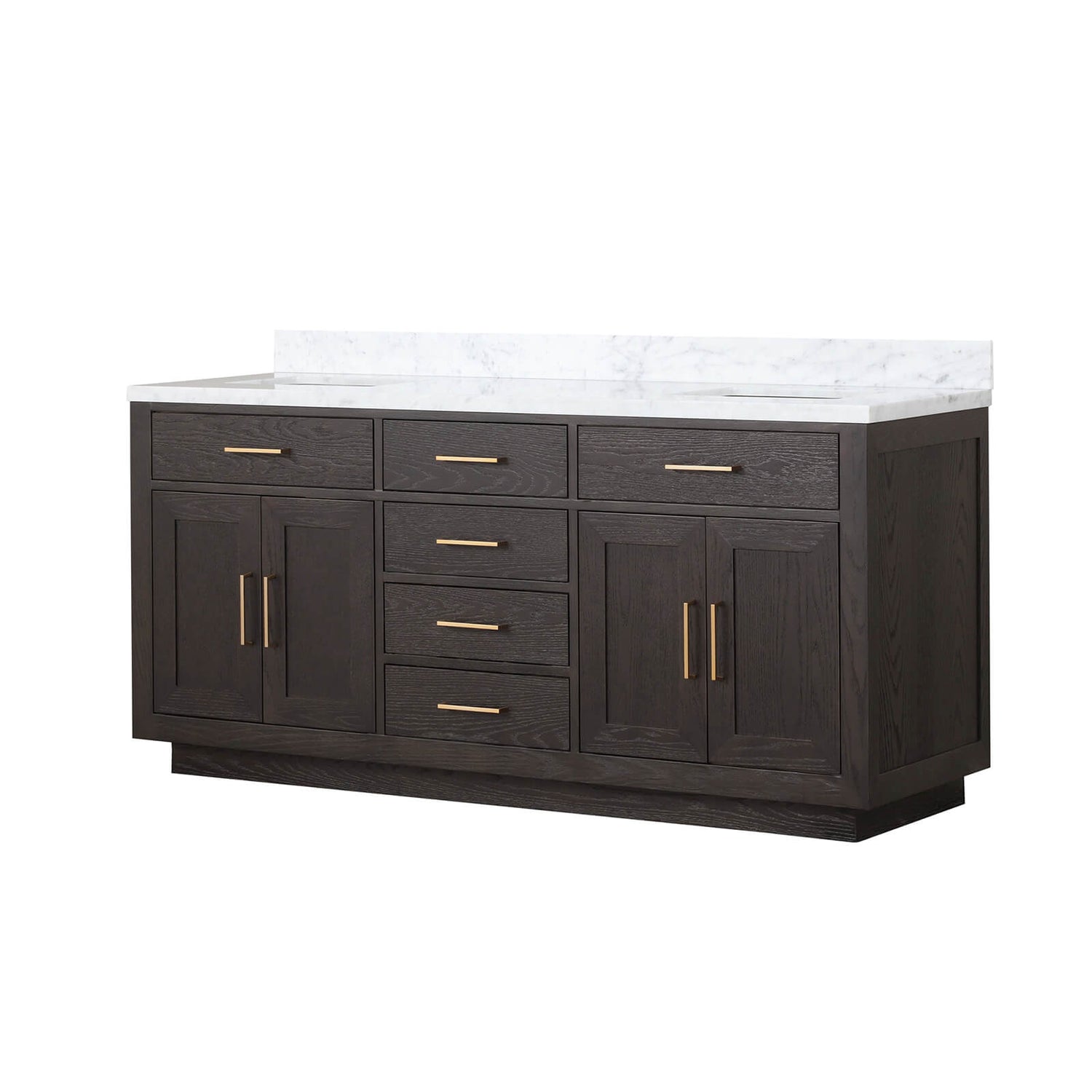 Dual ceramic undermount sinks in brown oak vanity