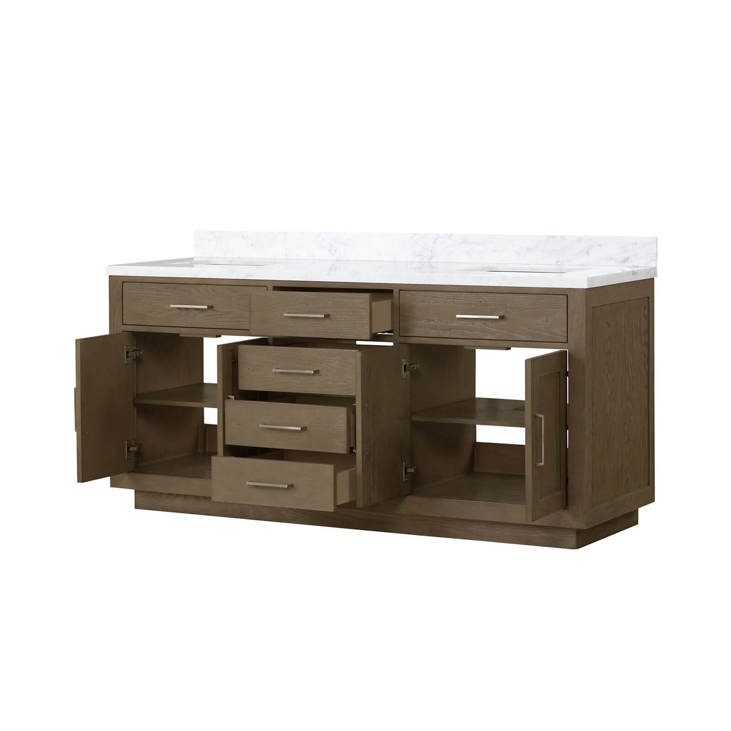 Dual undermount ceramic sinks in gray bathroom vanity
