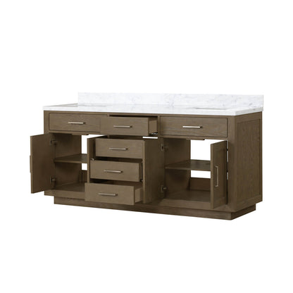 Dual undermount ceramic sinks in gray bathroom vanity