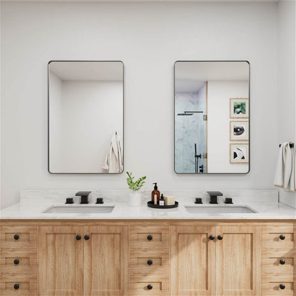 Dual black framed rounded corner rectangular bathroom mirrors
