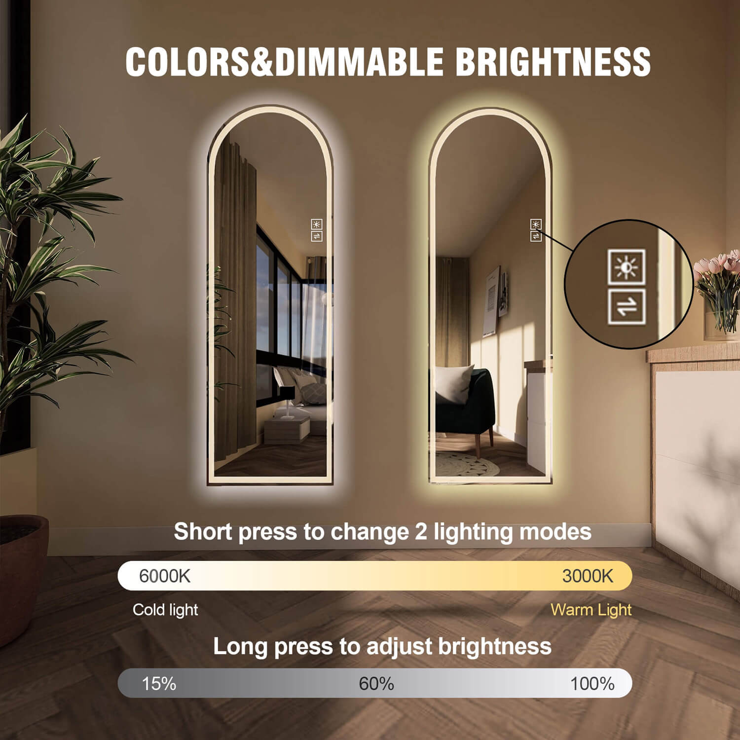 Dual color temperature arched LED mirror with stepless dimming