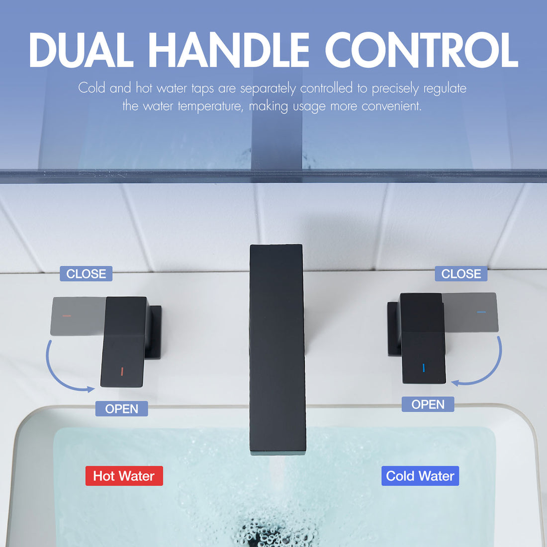 Dual handle bathroom sink faucet with labeled hot and cold water sources