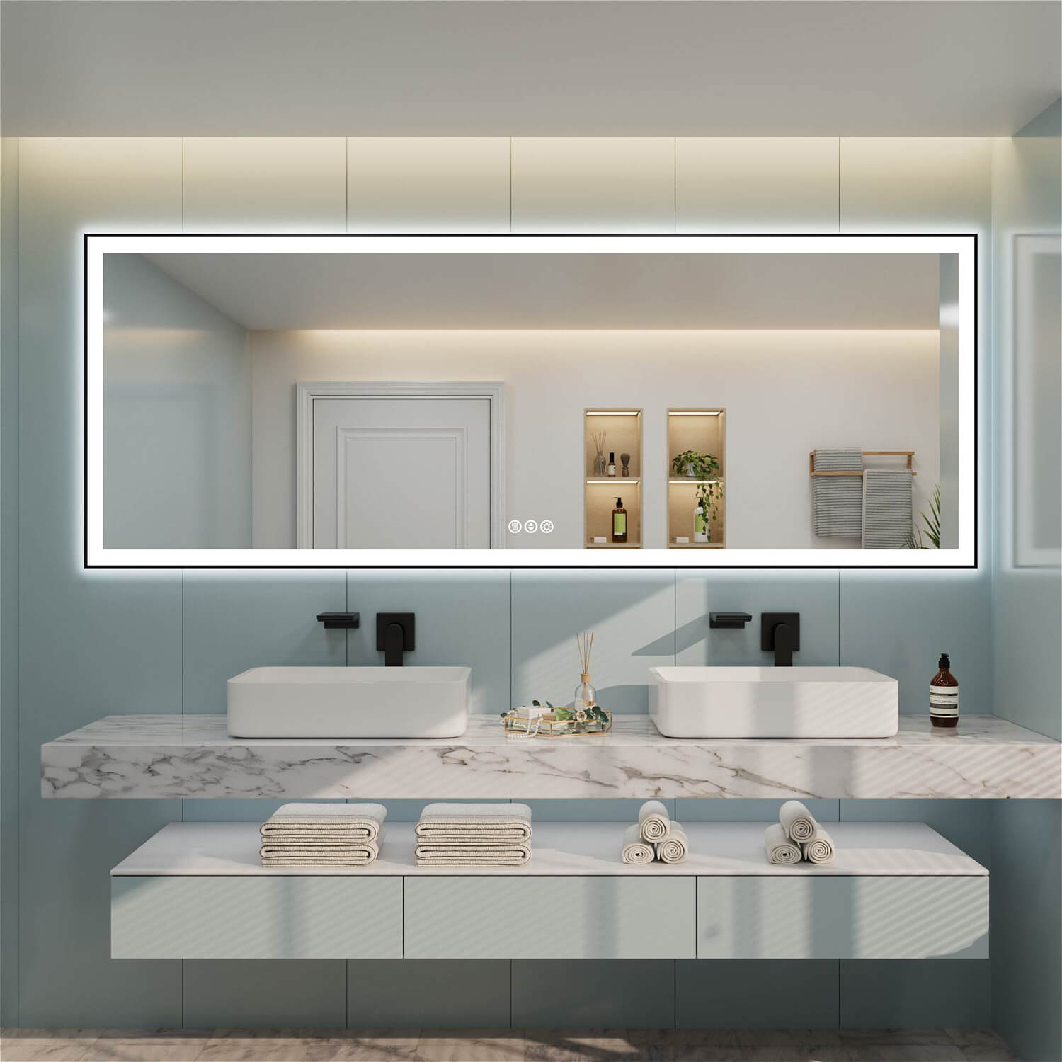 Dual sink rectangular LED bathroom mirror with black frame and bottom-middle touch controls