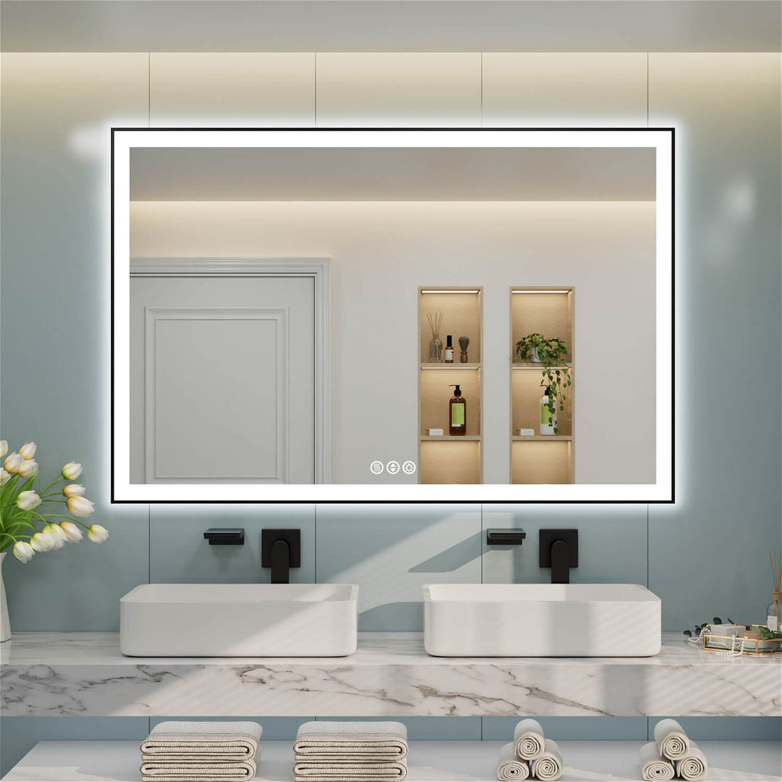 Dual sink rectangular LED bathroom mirror with bottom-middle touch controls and black frame
