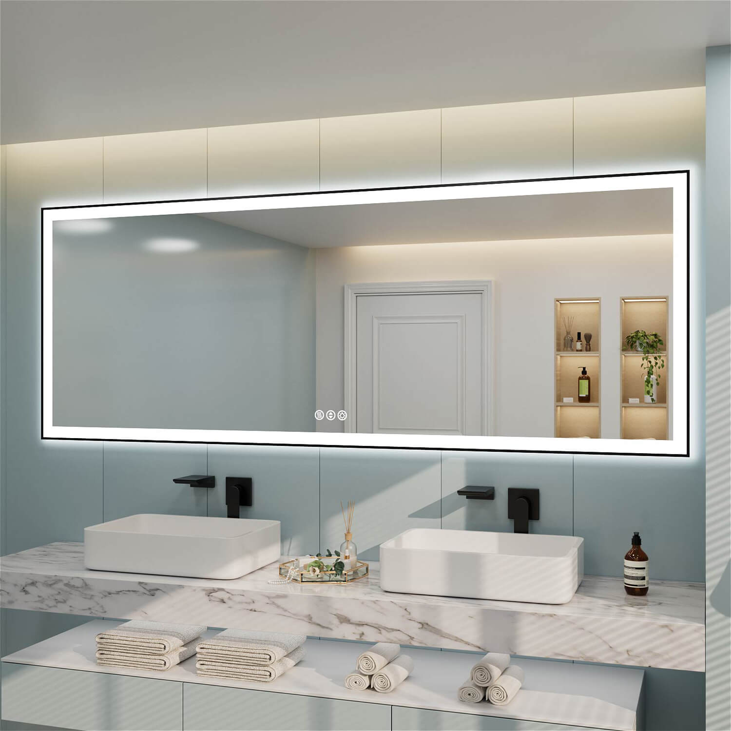 Dual sink rectangular LED bathroom mirror with reflective surface showing door and built-in shelves