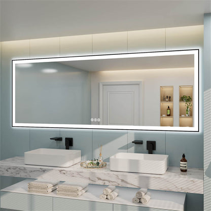 Dual sink rectangular LED bathroom mirror with reflective surface showing door and built-in shelves