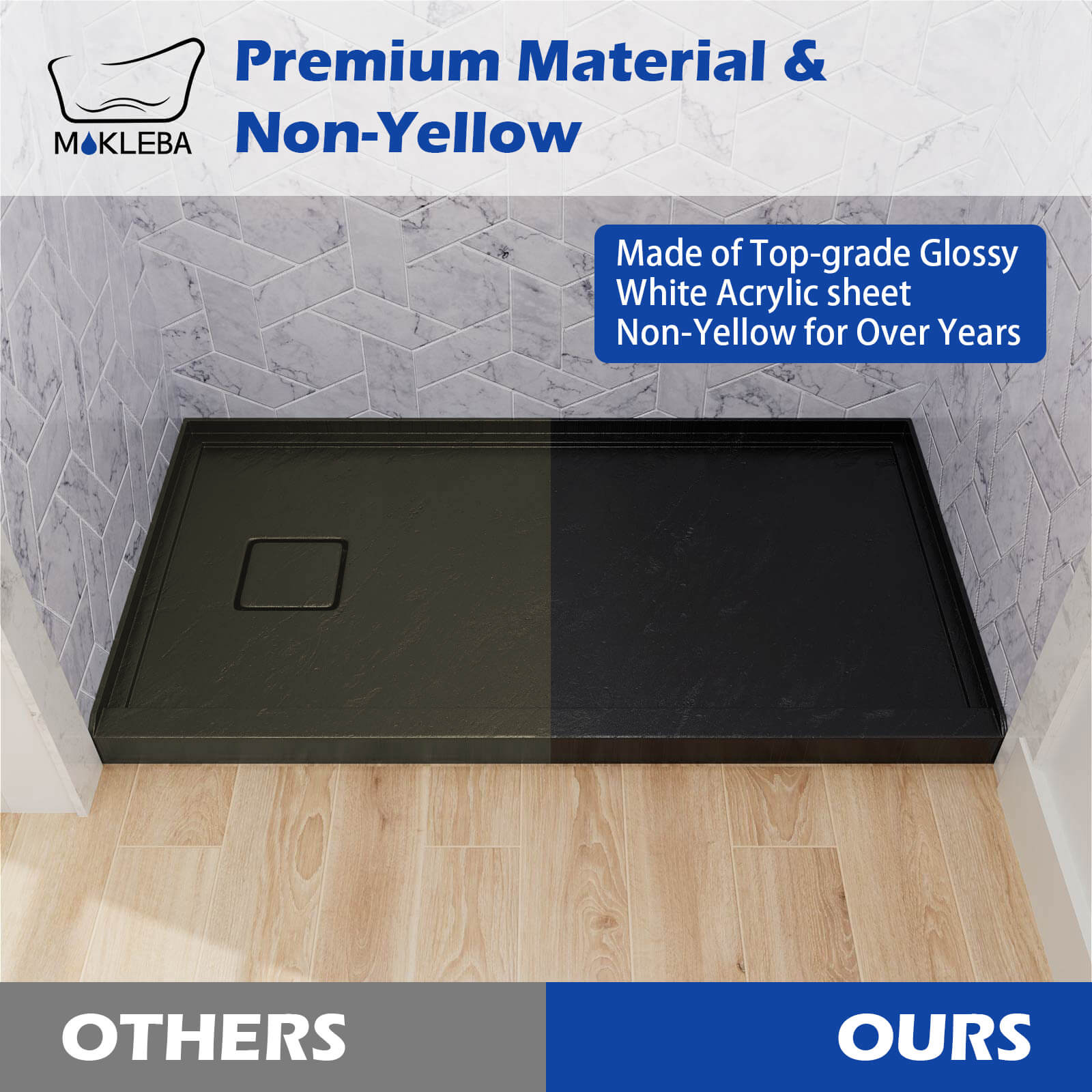 Durable black shower base resistant to scratches and fading