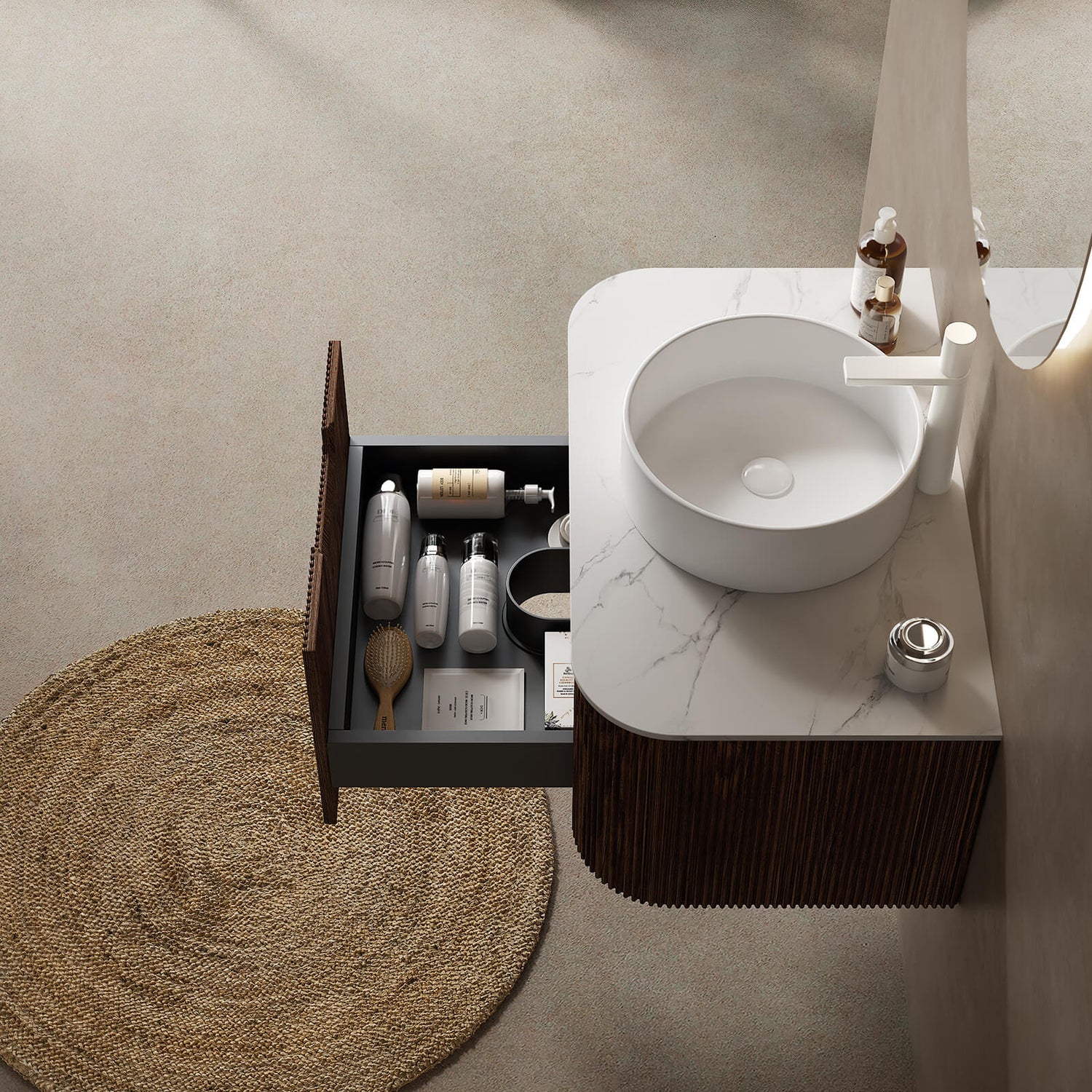 Durable sintered stone surface on walnut bathroom vanity