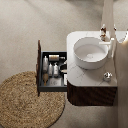 Durable sintered stone surface on walnut bathroom vanity