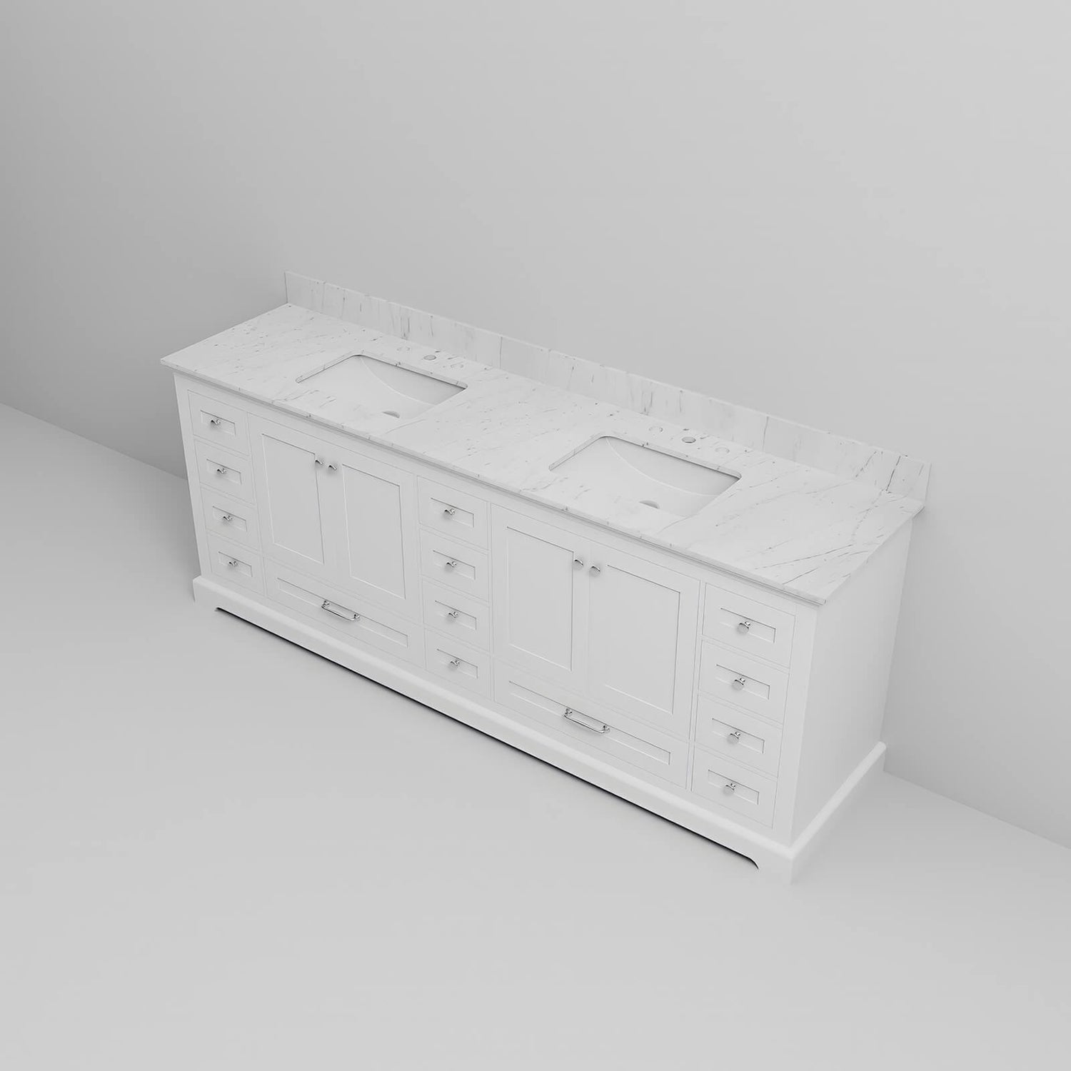 Durable solid wood white vanity with a double sink design