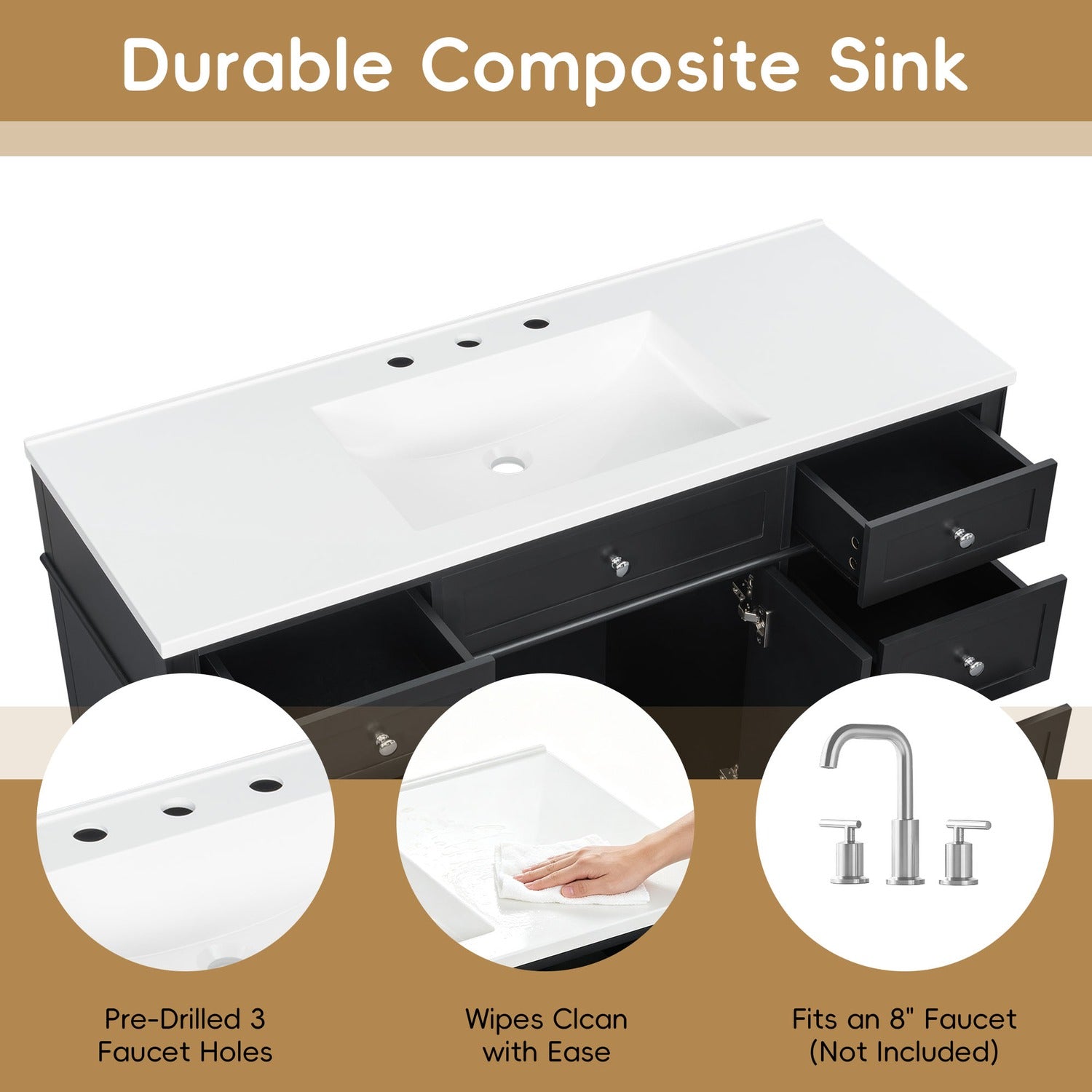 Durable Composite Sink Top 48 inch Black Bathroom Vanity Basin Details