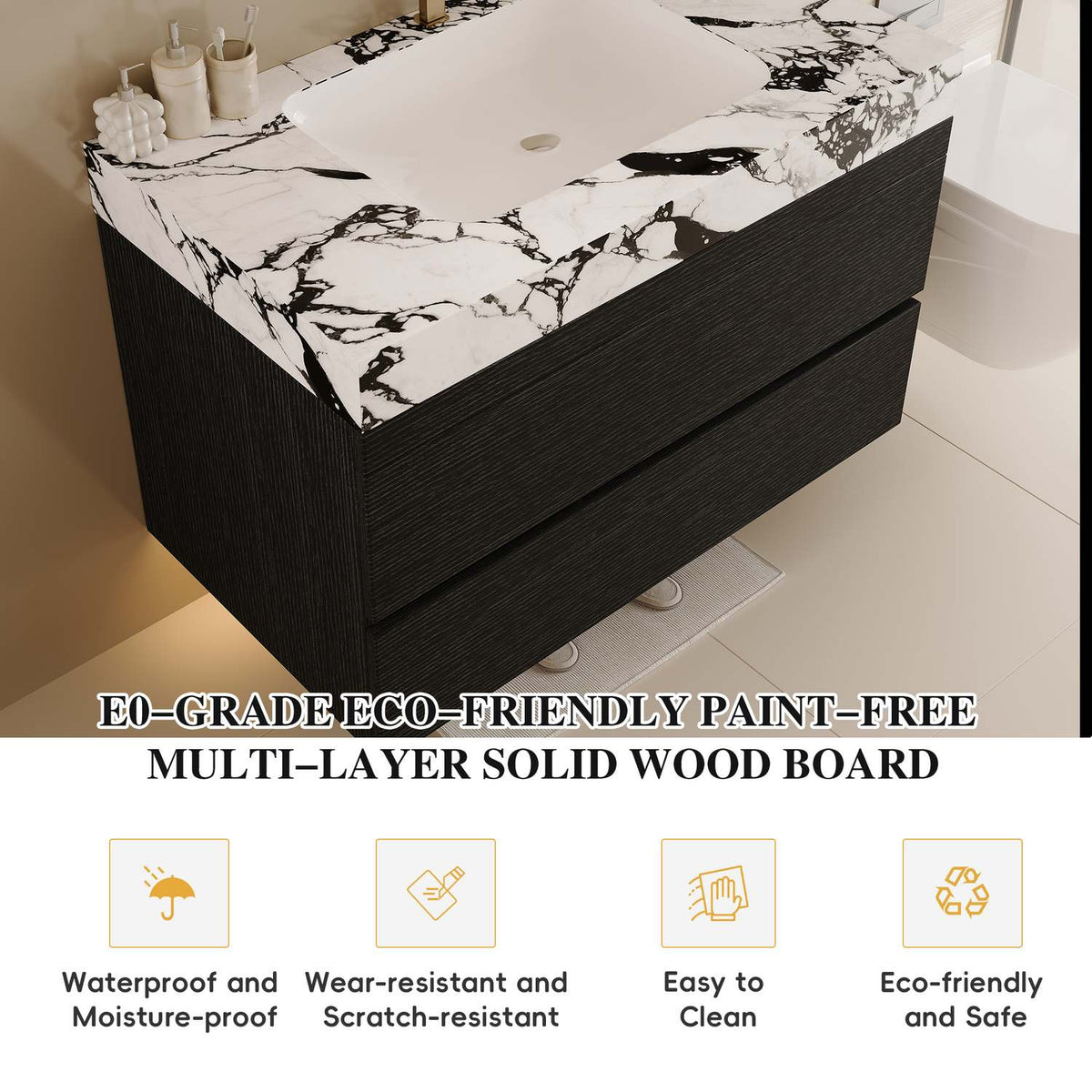 E0 Grade Paint Free Solid Wood Board Black Floating Bathroom Vanity Features