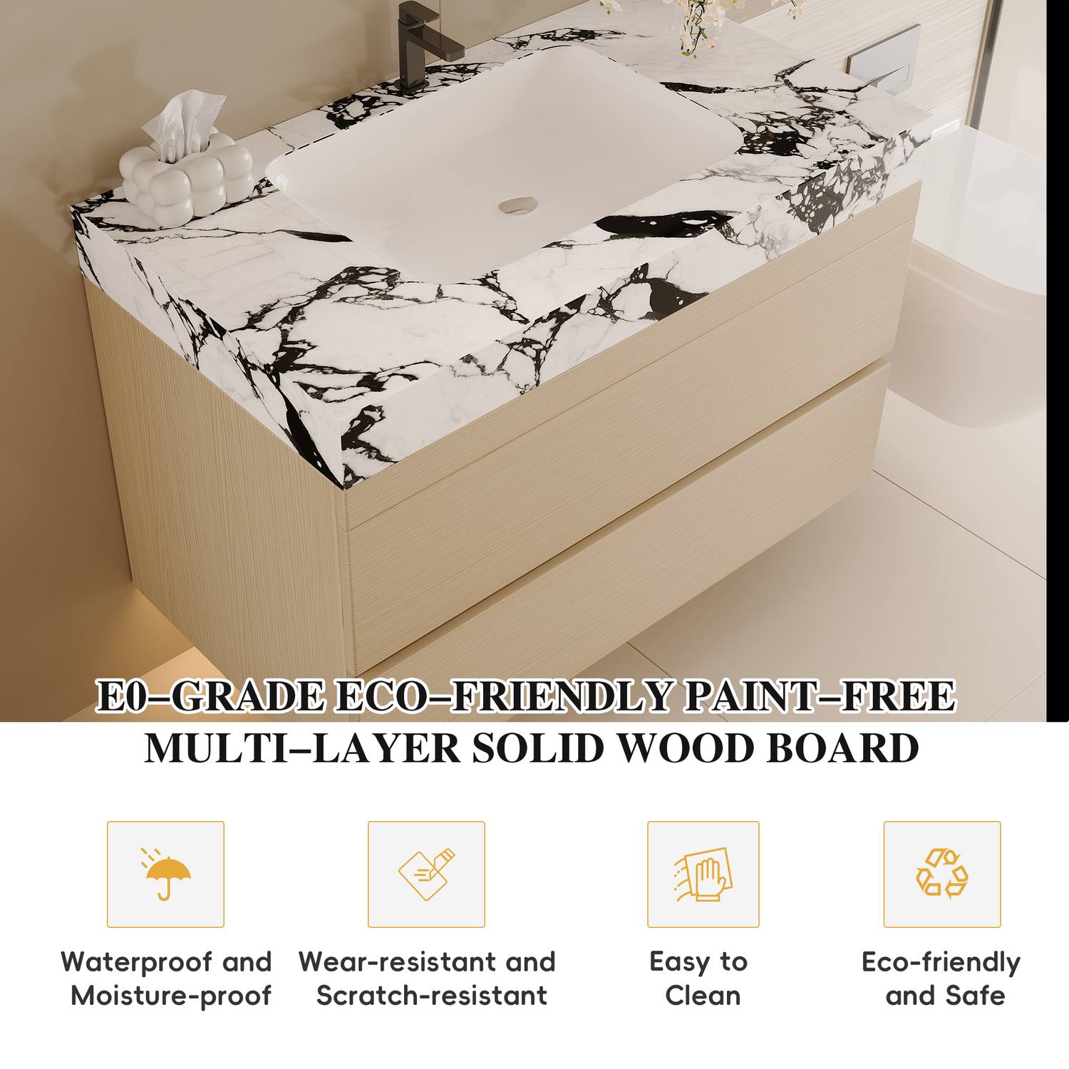 E0 Grade Paint Free Wood Floating Bathroom Vanity Board Features Waterproof Material