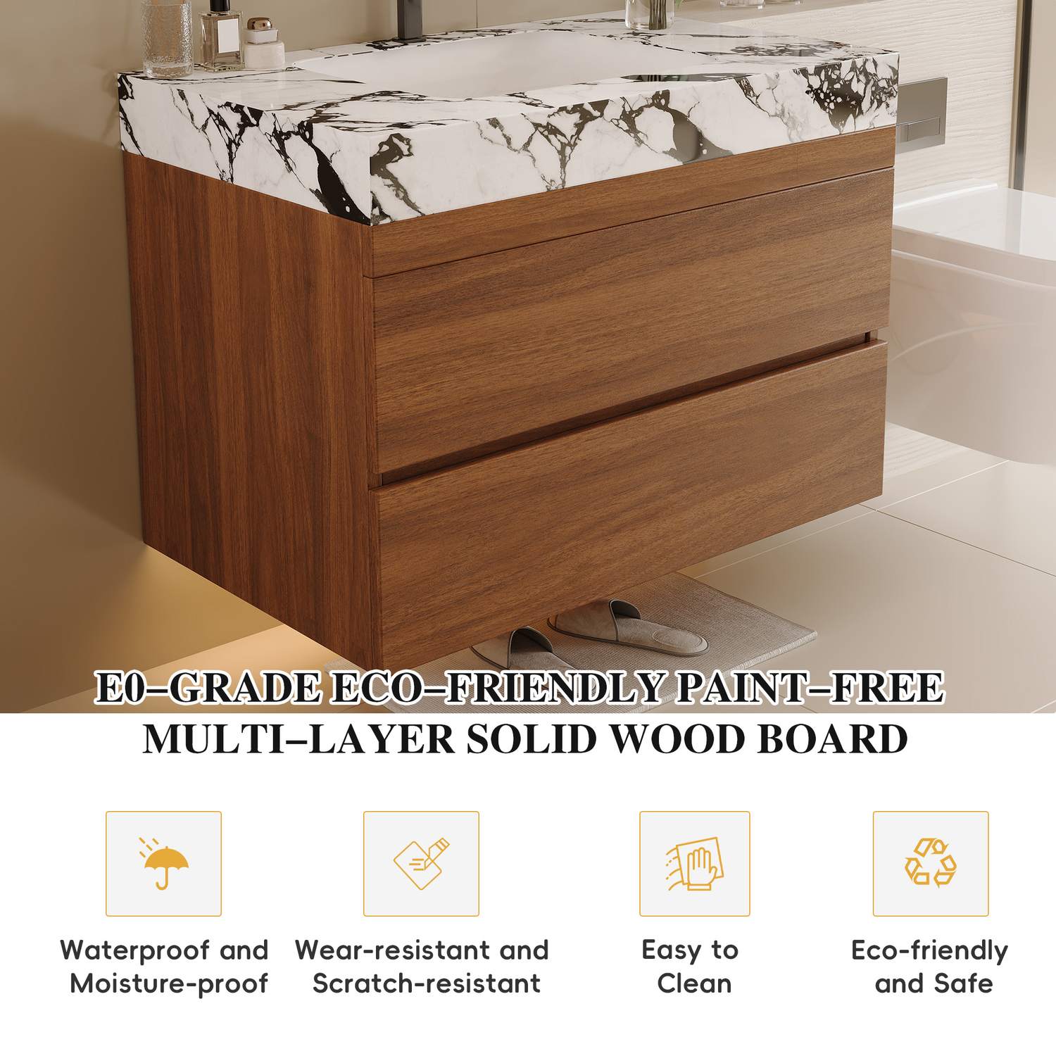 E0 Grade Solid Wood Board Waterproof Scratch Resistant Wall Mounted Vanity