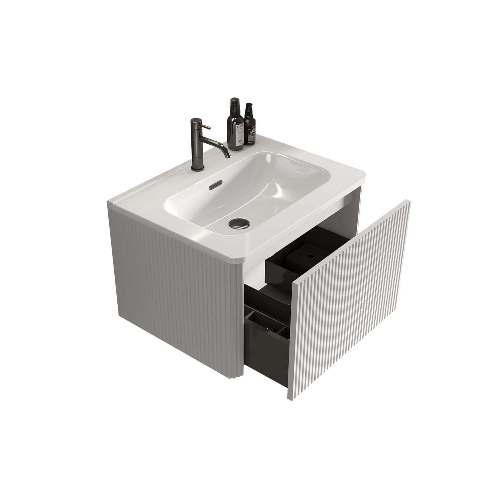 Easy-to-clean ceramic sink on a sleek 24-inch white vanity