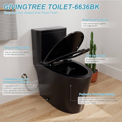 Easy to Clean Black Glazed One-Piece Toilet