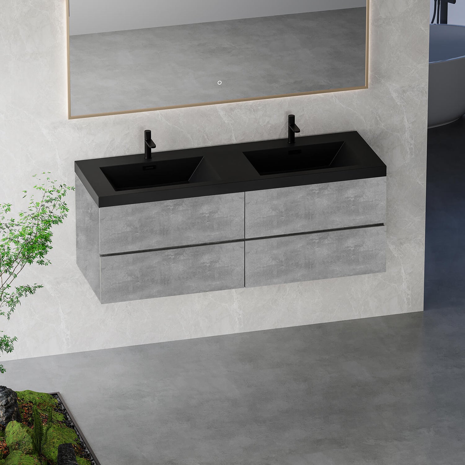 Eco friendly 60 inch wall mounted vanity with black quartz top