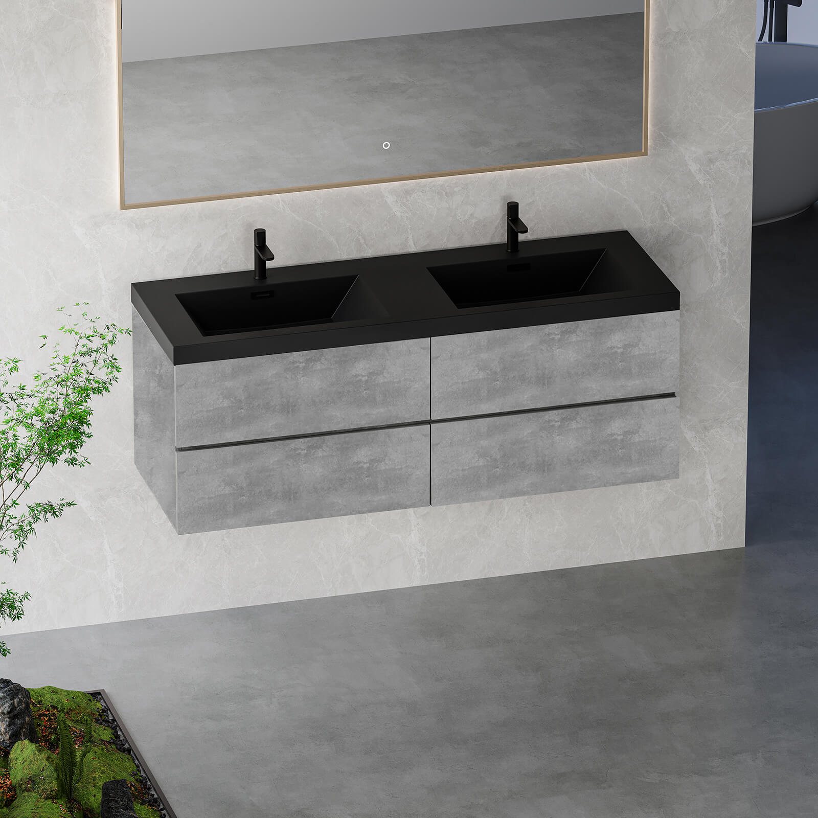 Eco friendly 60 inch wall mounted vanity with black quartz top