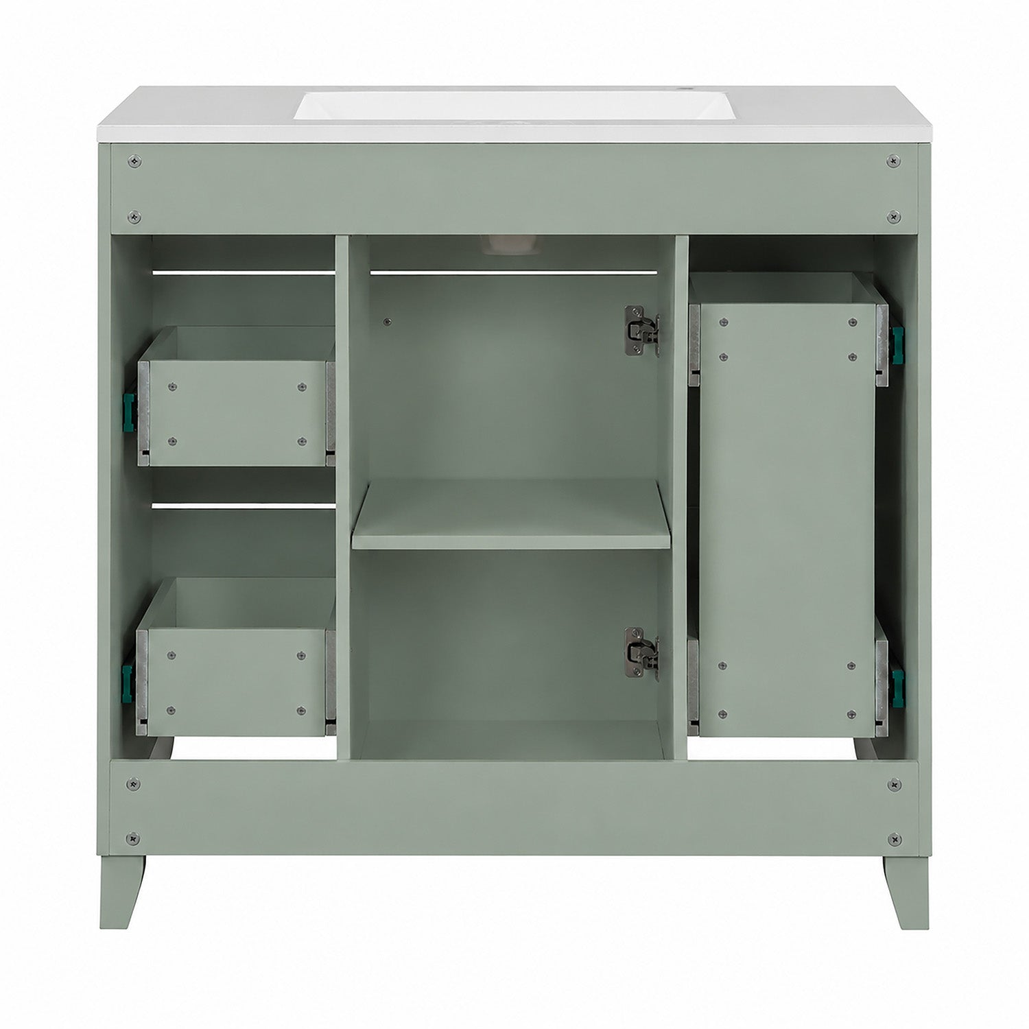 Eco friendly green bathroom vanity with gold handles and ceramic sink