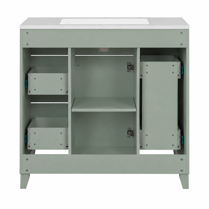 Eco friendly green bathroom vanity with gold handles and ceramic sink