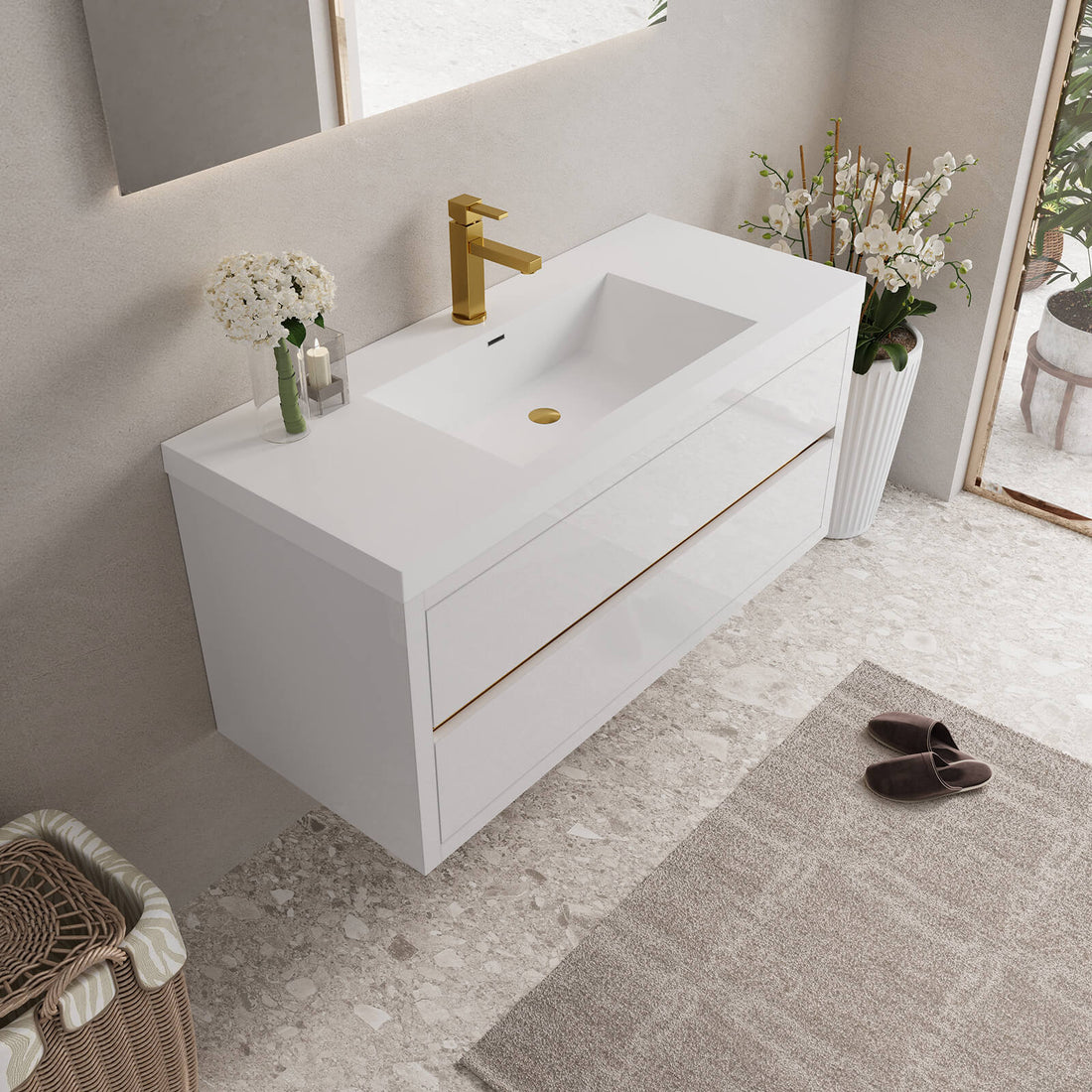 Elegant 48 inch white bathroom vanity with gold trim