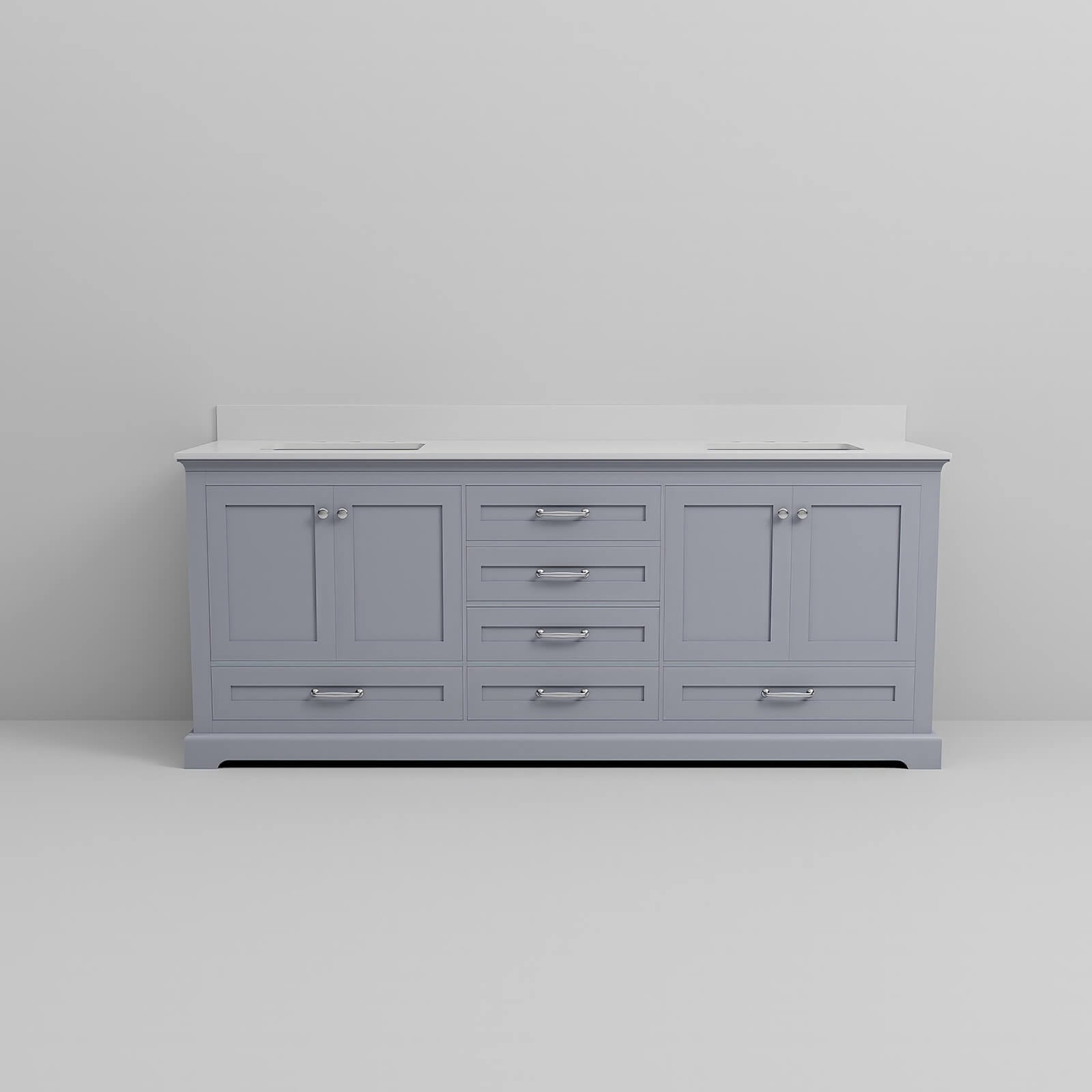 Elegant 80 in gray wood vanity with quartz countertop