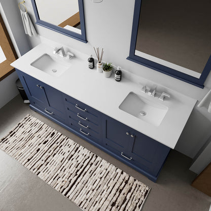 Elegant blue bathroom vanity with double sinks and spacious storage