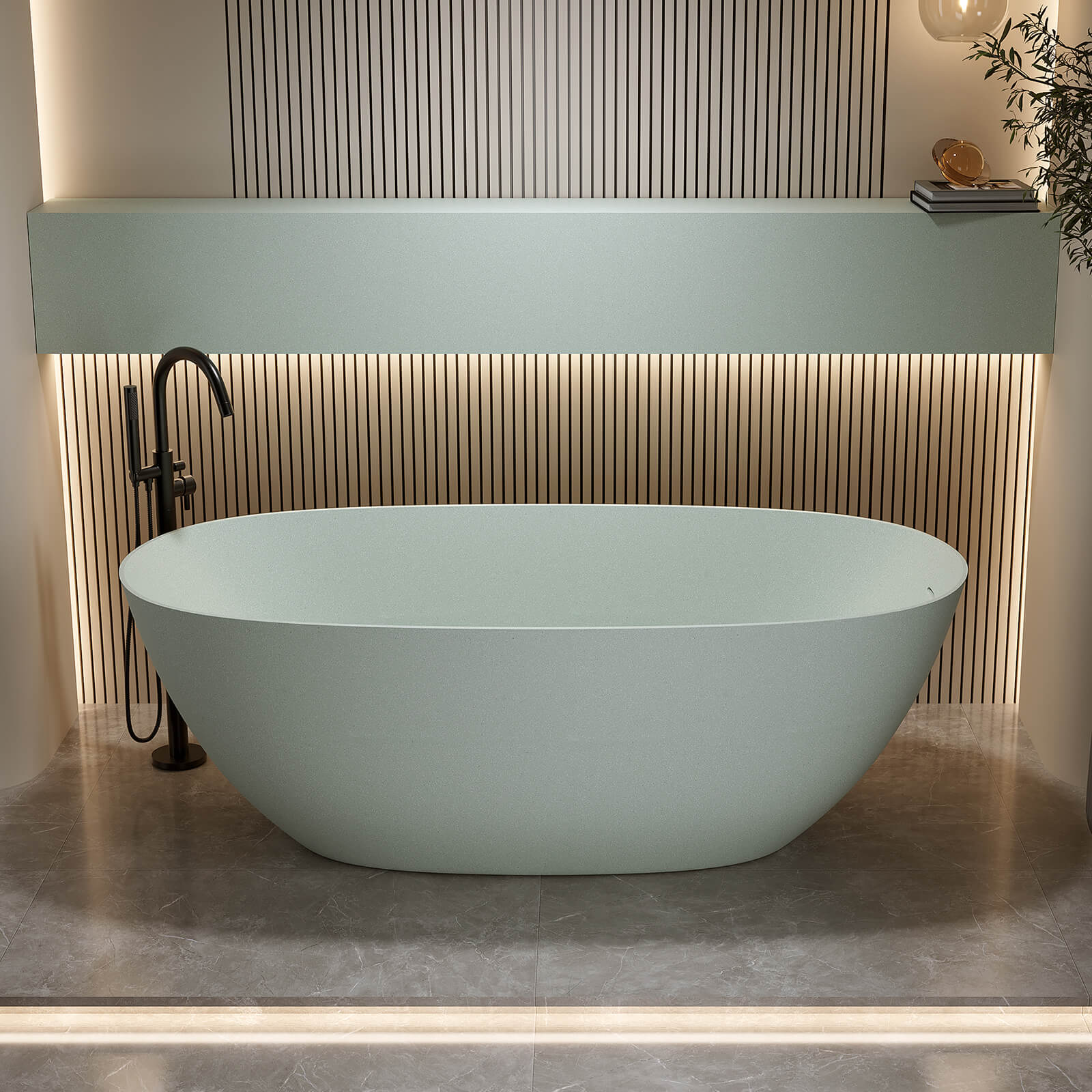 Elegant freestanding turquoise green bathtub with smooth hand polished surface
