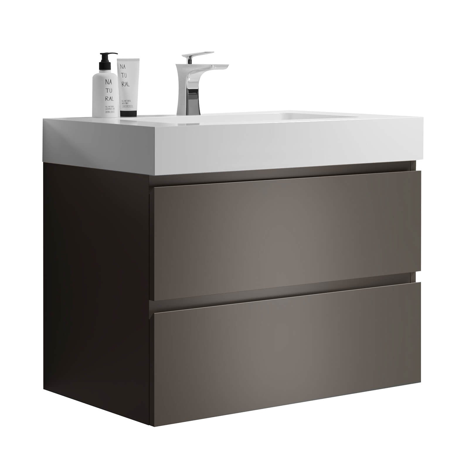 Elegant gray bathroom vanity with a sleek and contemporary look