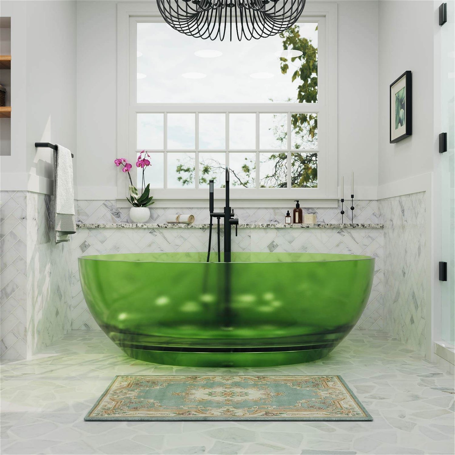 Elegant green resin round bathtub for modern bathrooms