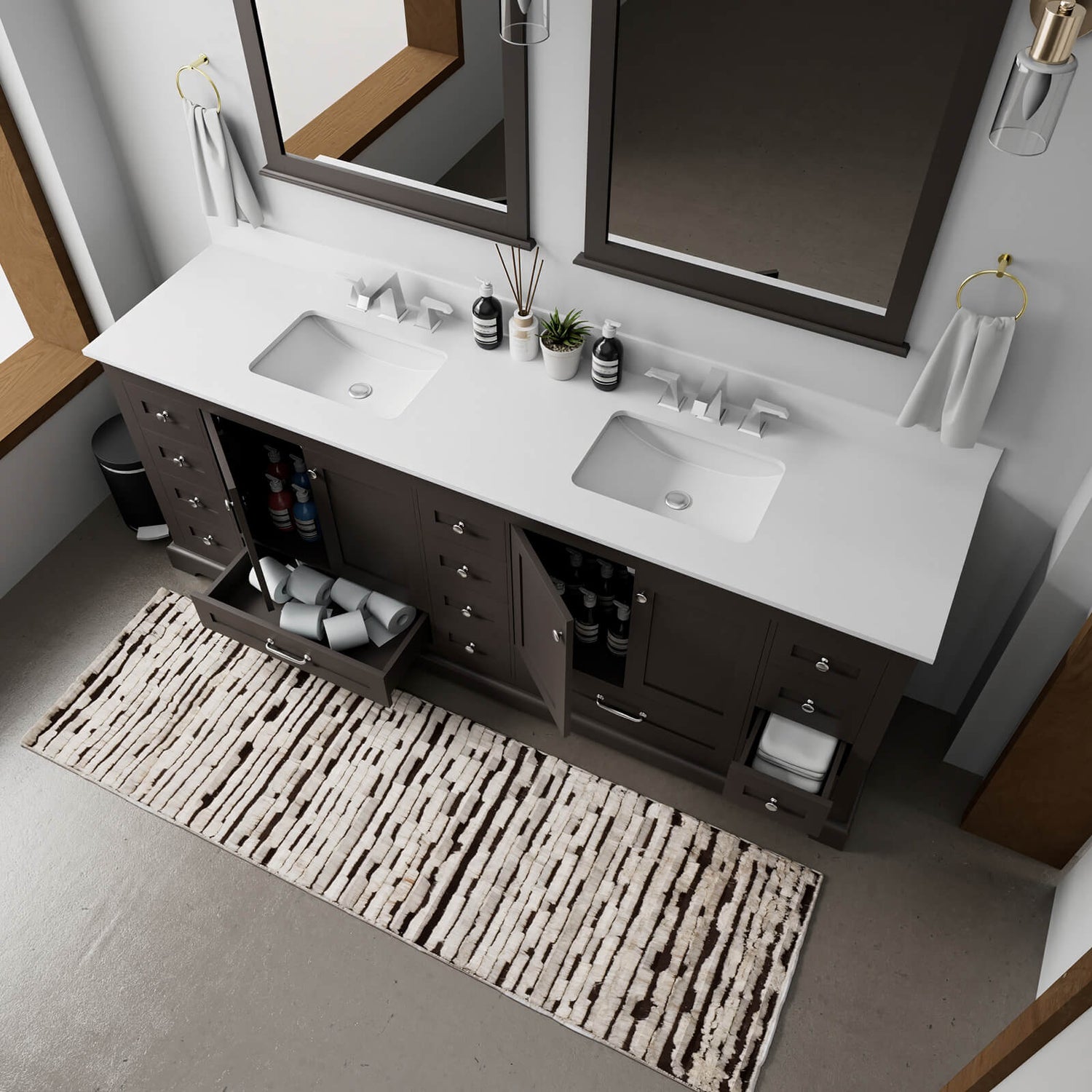 Elegant matte black double vanity with artificial marble for luxurious bathroom design