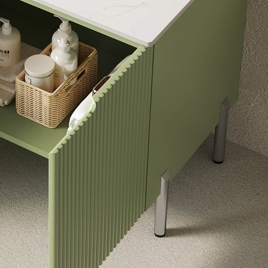 Elegant vertical lined double door vanity in green with soft close hinges