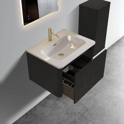 Elegant 24-inch black bathroom vanity featuring a white ceramic sink and modern floating design for a sleek aesthetic
