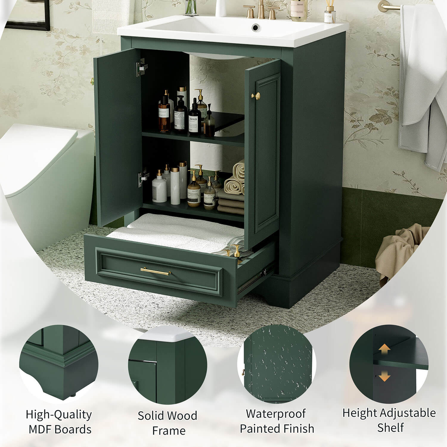 Elegant bathroom vanity with solid wood frame and integrated ceramic sink