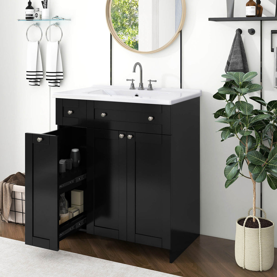 Elegant black vanity with silver handles for modern bathrooms