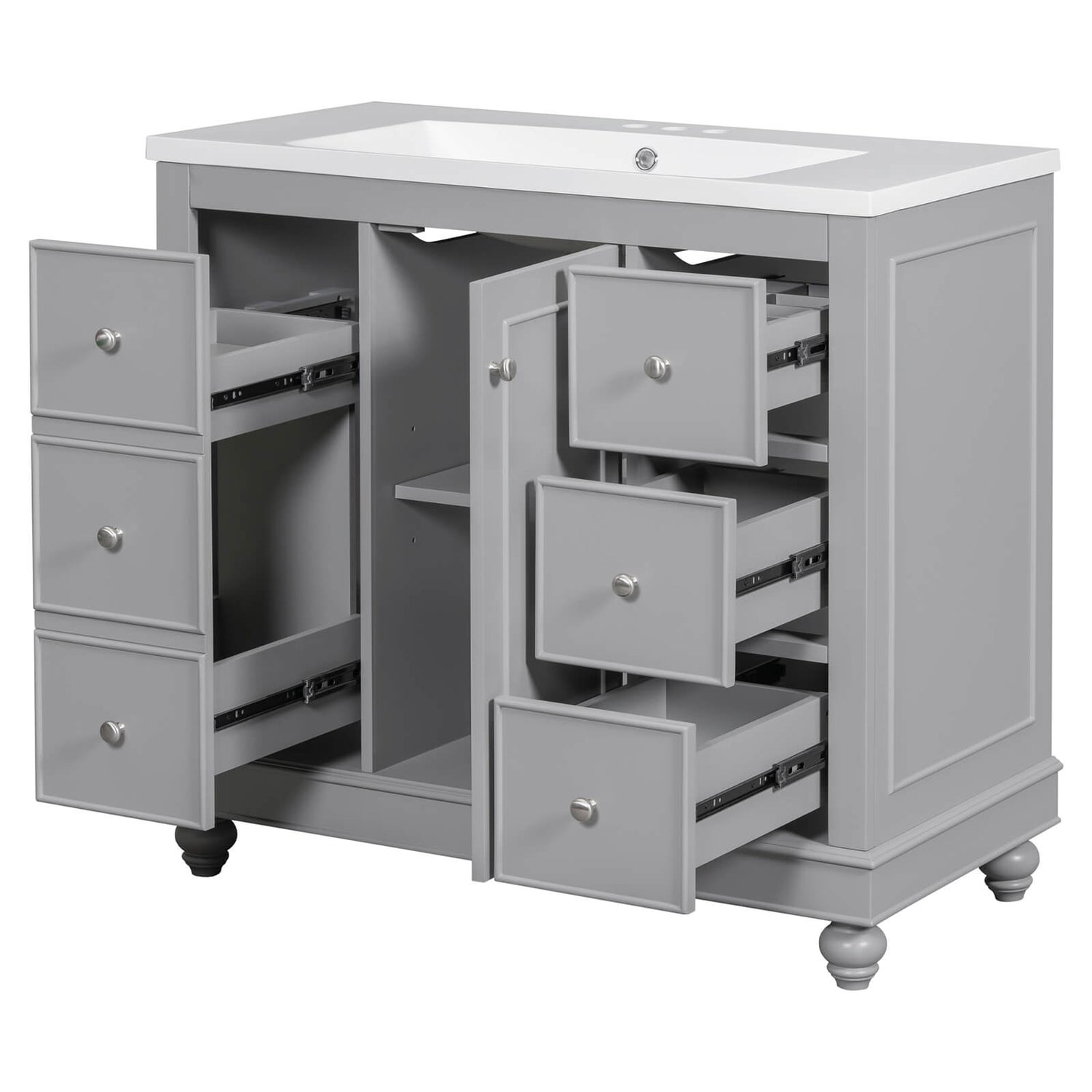 Elegant design with functional storage in a gray bathroom vanity