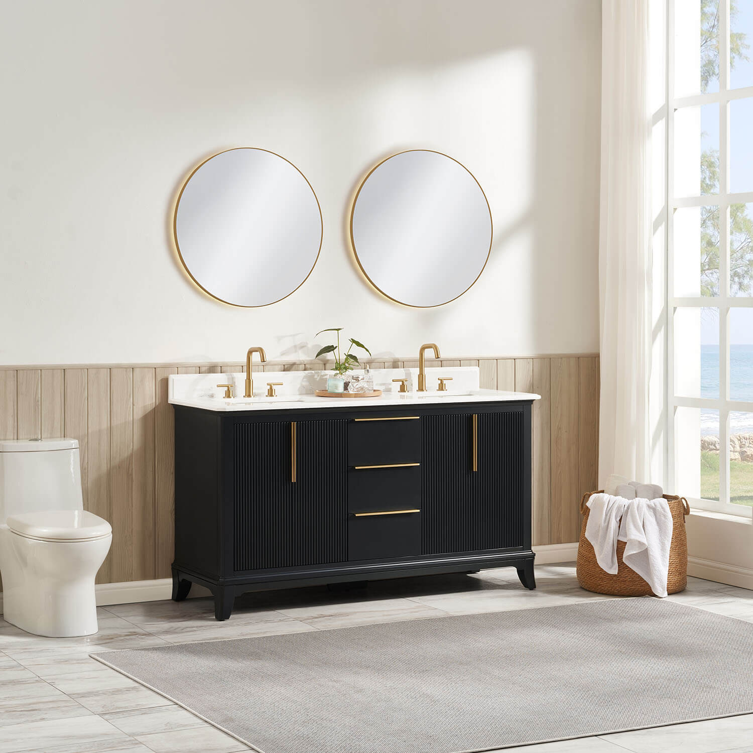 Elegant freestanding double sink bathroom vanity with premium storage