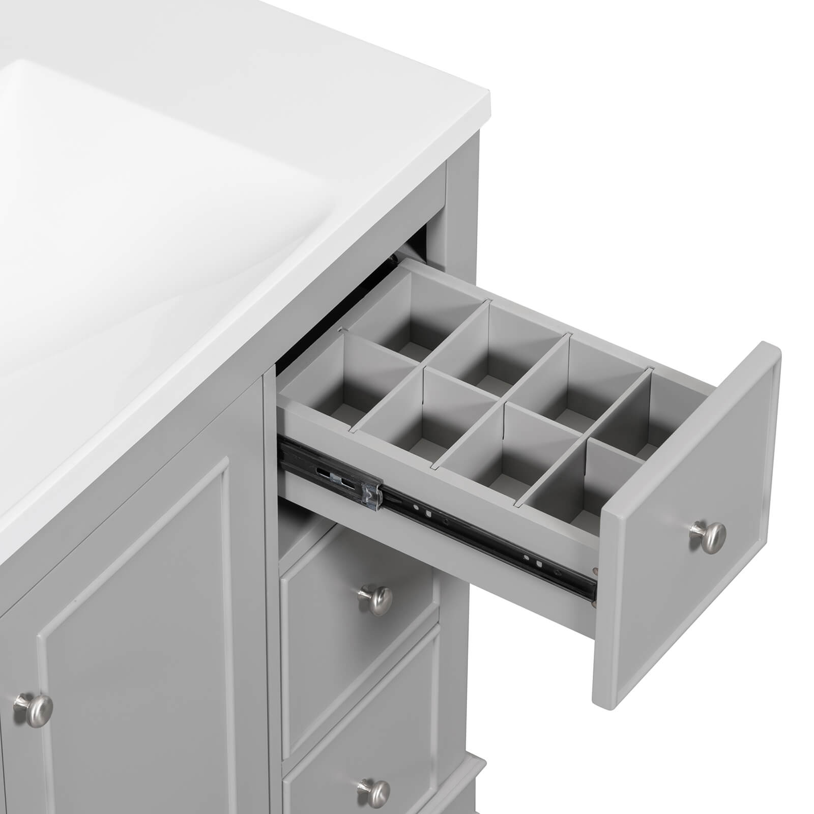 Elegant gray vanity with modern design and ample storage solutions